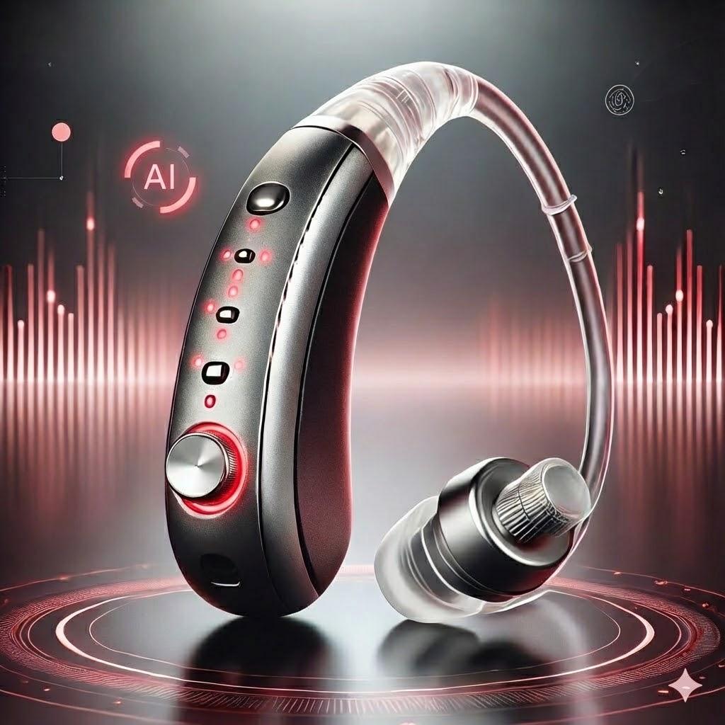 HearClear Pro - Futurystyczny aparat słuchowy z AI - Glowing red indicators, sleek dark metallic design with advanced technology